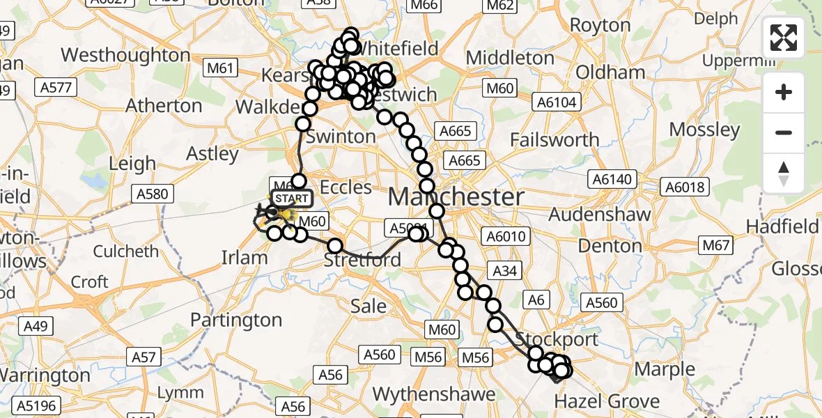 Flight route Police Helicopter Worsley - Manchester Barton Aerodrome, 12 July 2026, 21:11