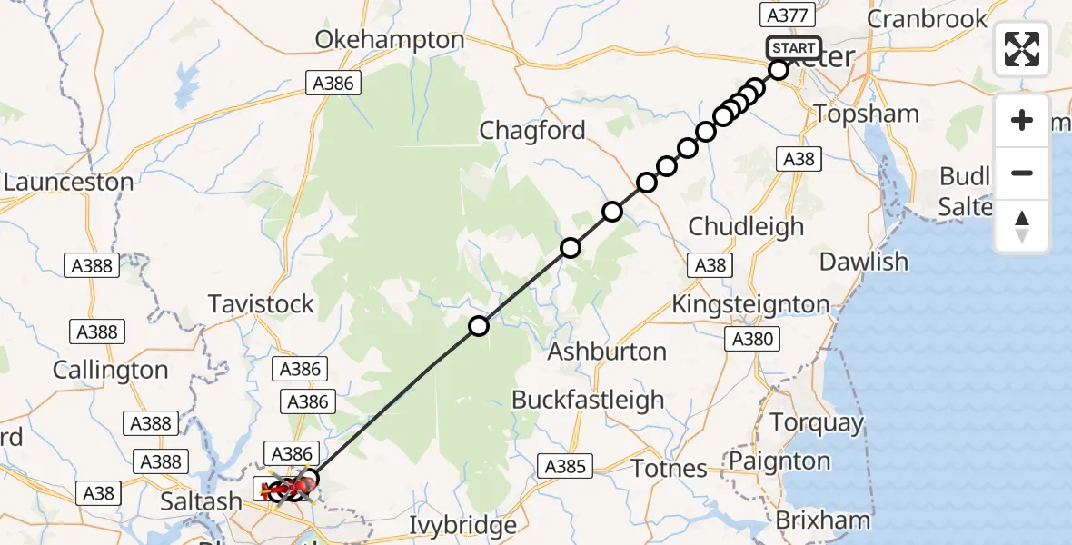 Flight route Air Ambulance Helicopter Exeter - Derriford Hospital, 12 July 2026, 21:12