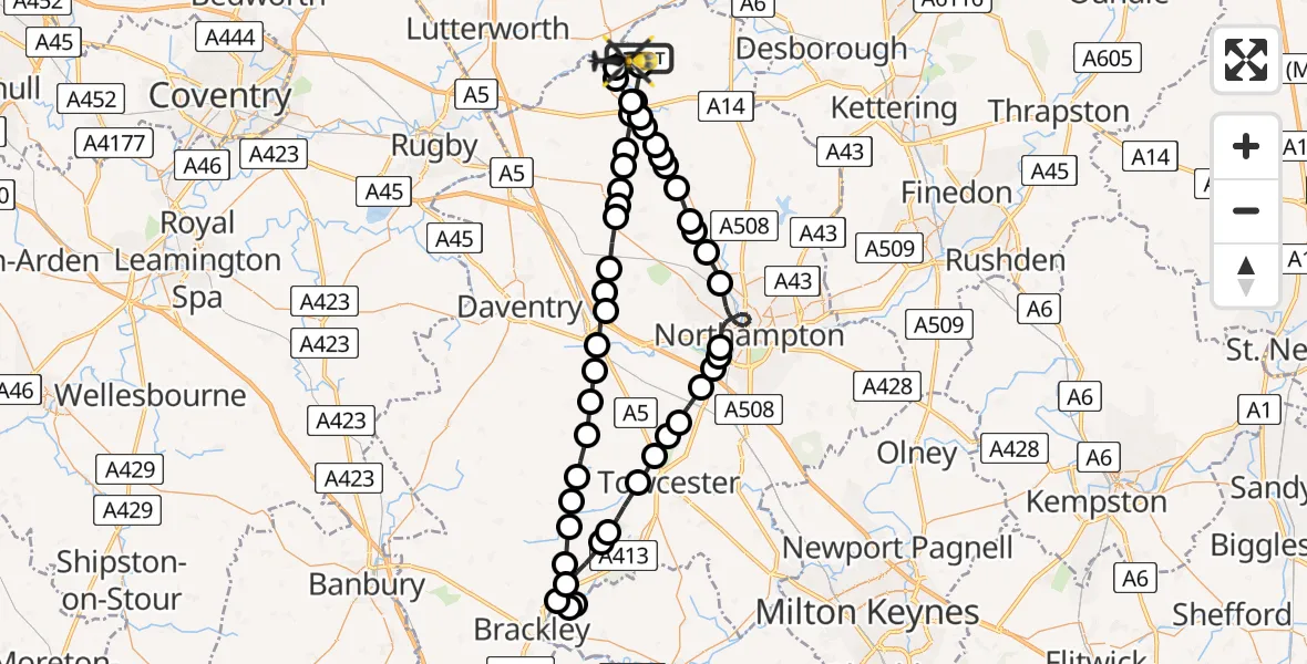 Flight route Police Helicopter Sibbertoft - Harborough, 12 July 2026, 21:20