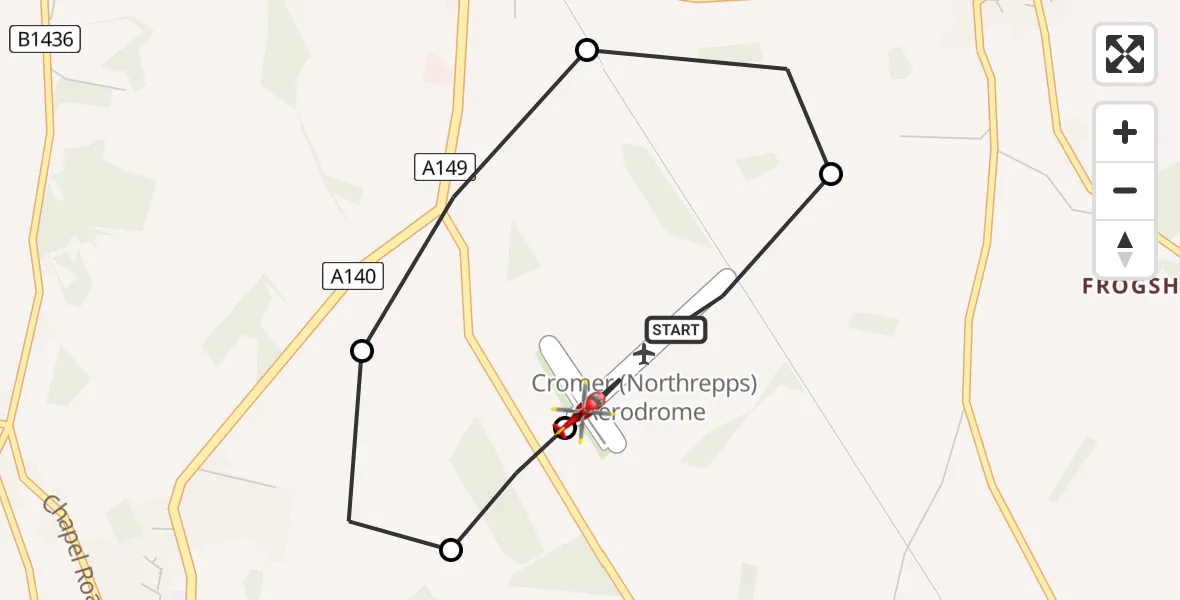 Flight route Air Ambulance Helicopter Northrepps Aerodrome - Northrepps Aerodrome, 12 July 2026, 21:23