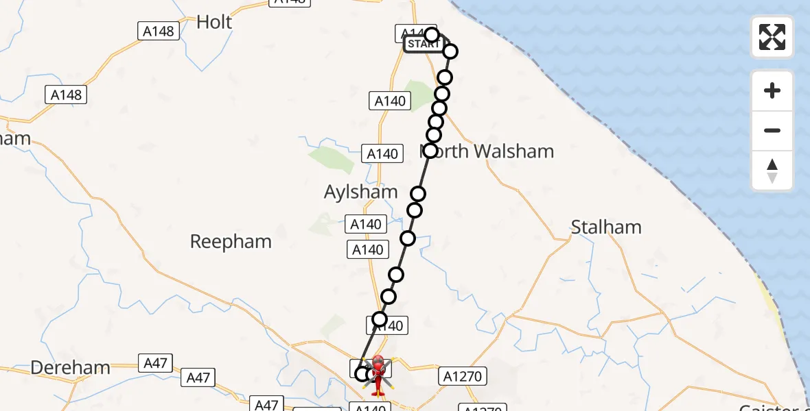 Flight route Air Ambulance Helicopter Northrepps Aerodrome - Norwich Airport, 12 July 2026, 21:27