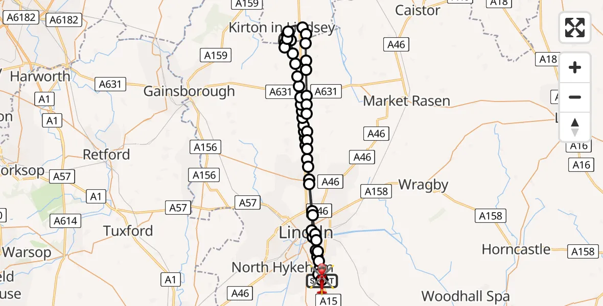 Flight route Air Ambulance Helicopter RAF Waddington - North Kesteven, 12 July 2026, 21:38