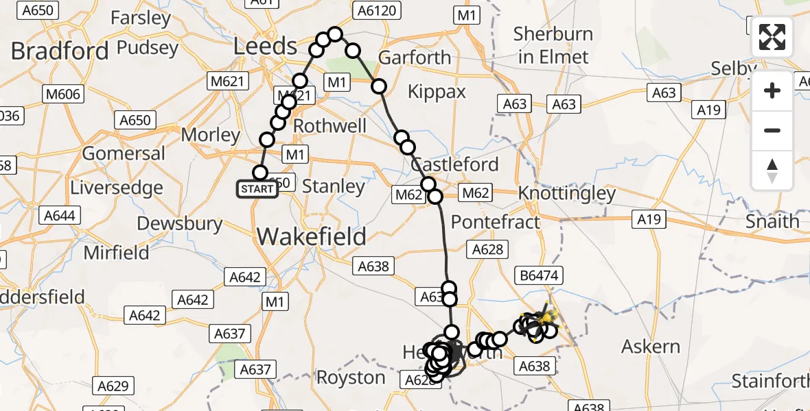 Flight route Police Helicopter East Ardsley - Walton Wood Airfield, 12 July 2026, 21:44