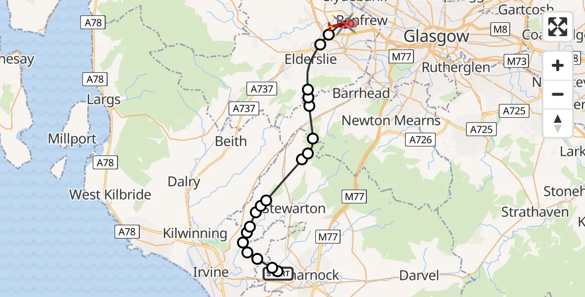 Flight route Air Ambulance Helicopter Crosshouse University Hospital - Glasgow Airport, 12 July 2026, 21:48