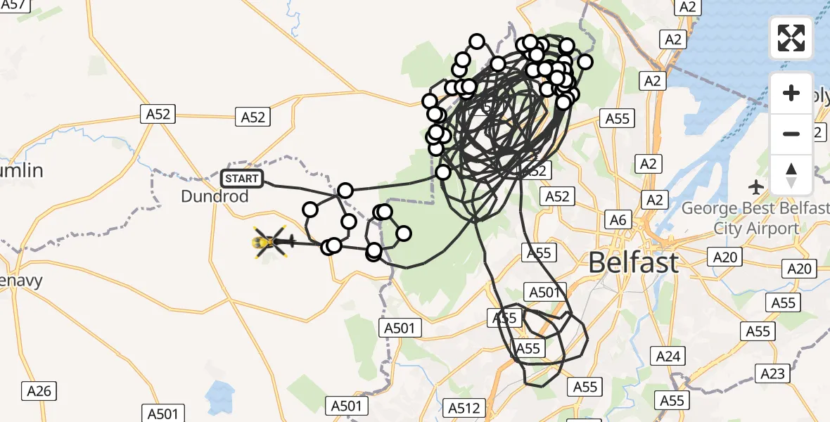 Flight route Police Helicopter Dundrod - Lisburn, 12 July 2026, 21:50