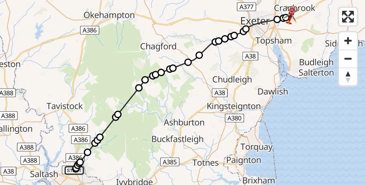 Flight route Air Ambulance Helicopter Derriford Hospital - Exeter International Airport, 12 July 2026, 22:14