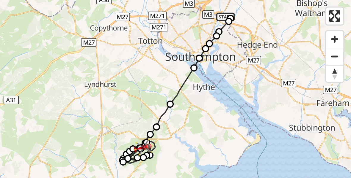 Flight route Air Ambulance Helicopter Southampton Airport - RAF Beaulieu, 12 July 2026, 22:17