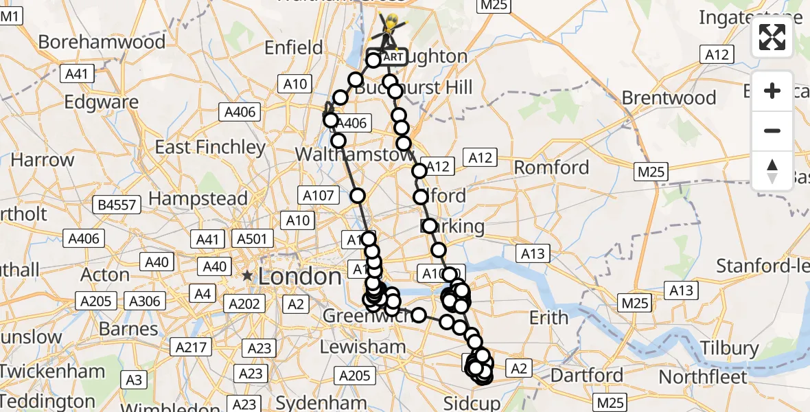 Flight route Police Helicopter Sewardstonebury - Sewardstonebury, 12 July 2026, 22:21