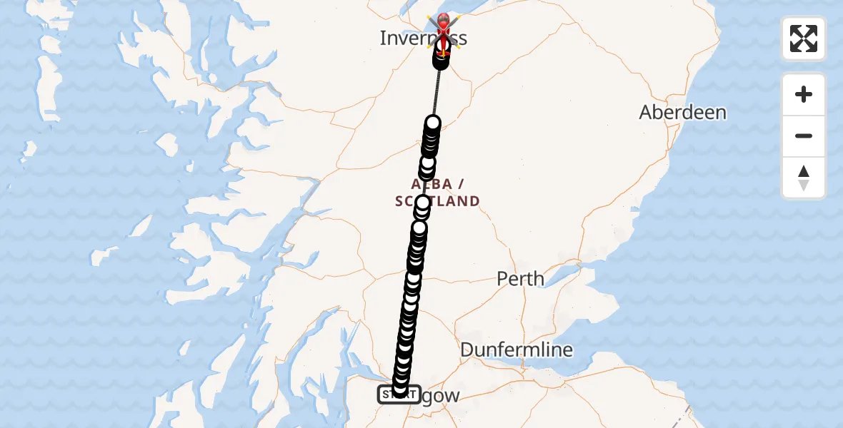 Flight route Air Ambulance Helicopter Glasgow Airport - Newlands of Culloden, 12 July 2026, 22:24