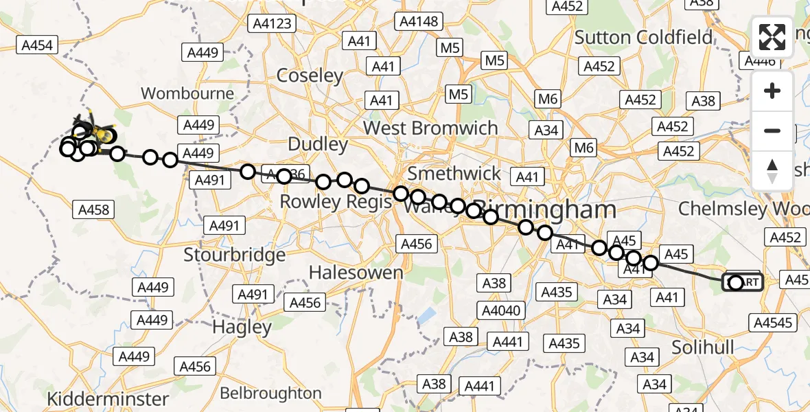 Flight route Police Helicopter Birmingham Airport - Wolverhampton Halfpenny Green Airport, 12 July 2026, 22:24