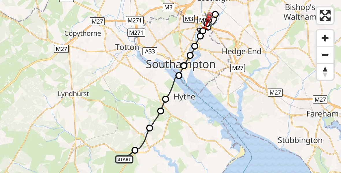 Flight route Air Ambulance Helicopter East Boldre - Southampton Airport, 12 July 2026, 22:37