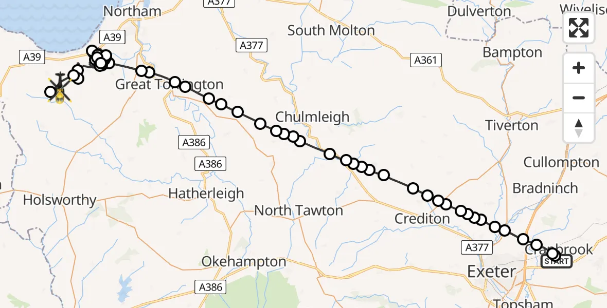 Flight route Police Helicopter Exeter International Airport - Parkham Ash, 12 July 2026, 22:41
