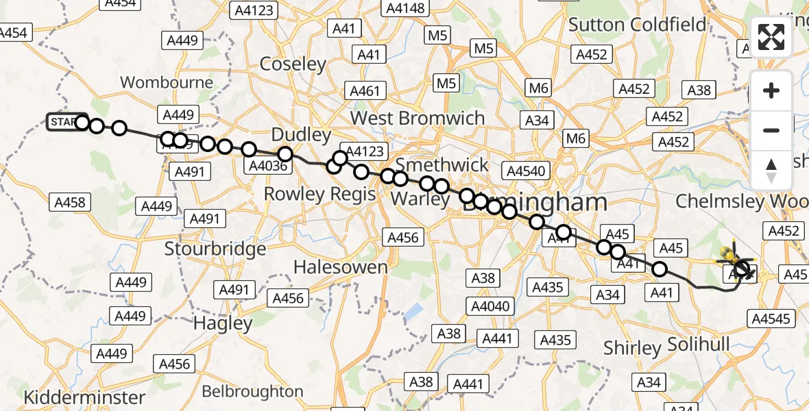 Flight route Police Helicopter Wolverhampton Halfpenny Green Airport - Birmingham Airport, 12 July 2026, 22:46