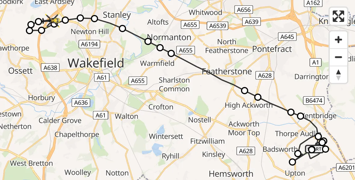 Flight route Police Helicopter Walton Wood Airfield - East Ardsley, 12 July 2026, 22:51
