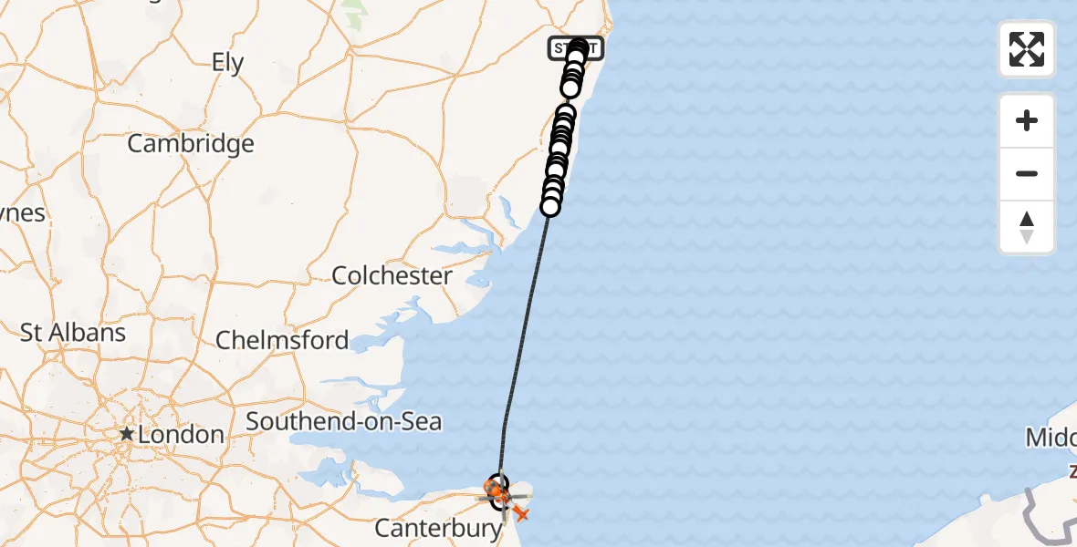 Flight route Coastguard Helicopter Beccles Airfield - Manston Airport, 12 July 2026, 23:05