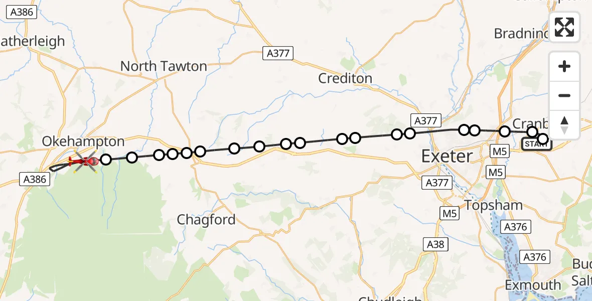 Flight route Air Ambulance Helicopter Exeter International Airport - West Devon, 12 July 2026, 23:10