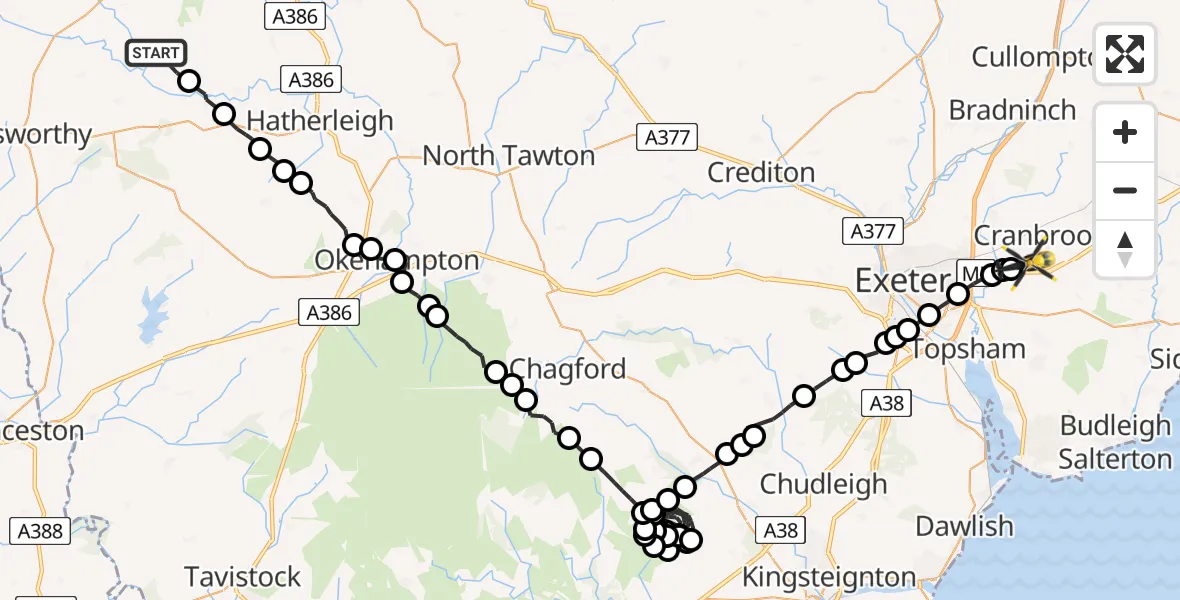 Flight route Police Helicopter Shebbear - Exeter International Airport, 12 July 2026, 23:33
