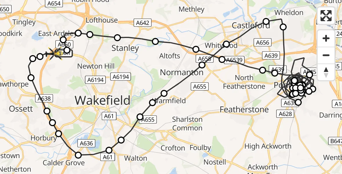 Flight route Police Helicopter Brandy Carr - East Ardsley, 12 July 2026, 23:45