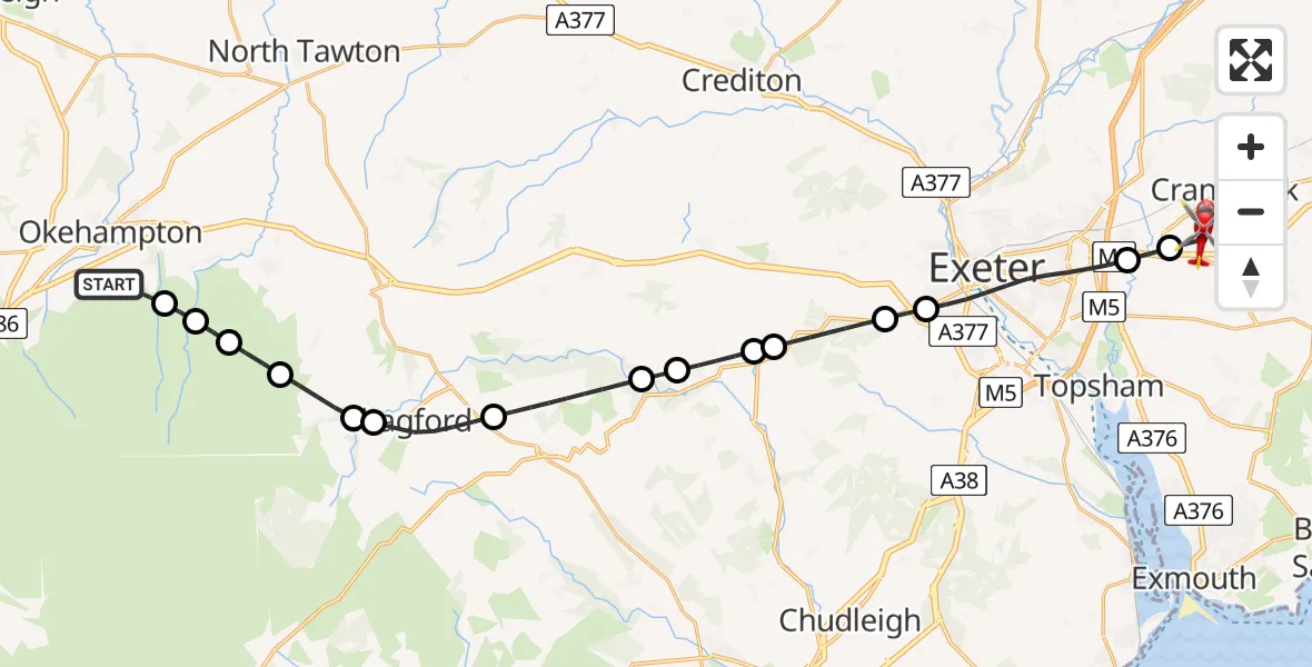 Flight route Air Ambulance Helicopter West Devon - Exeter International Airport, 12 July 2026, 23:49