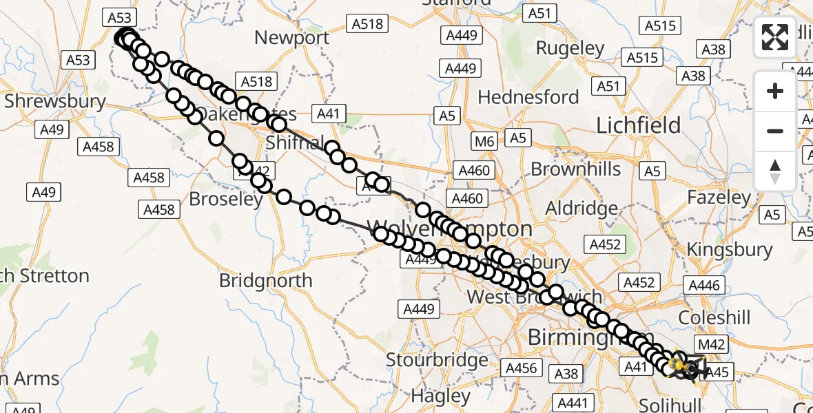 Flight route Police Helicopter Birmingham Airport - Solihull, 12 July 2026, 23:50