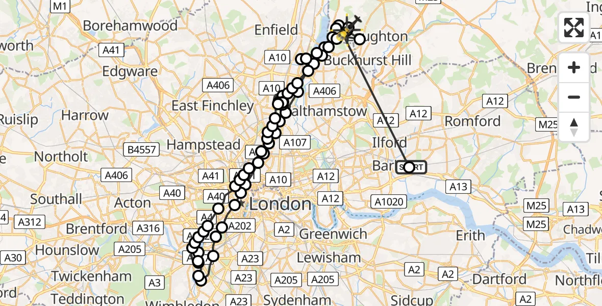 Flight route Police Helicopter Thames View - Metropolitan Police Air Support Unit Lippitts Hill, 13 July 2026, 00:58