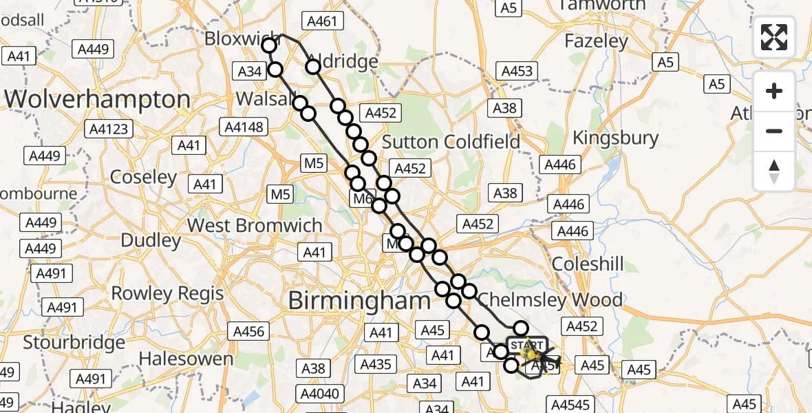 Flight route Police Helicopter Birmingham Airport - Birmingham Airport, 13 July 2026, 01:46