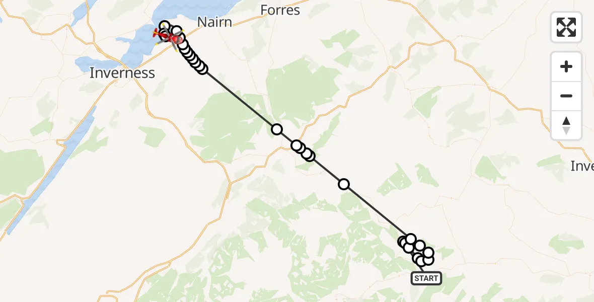 Flight route Air Ambulance Helicopter Ballater - Inverness Airport, 13 July 2026, 02:08