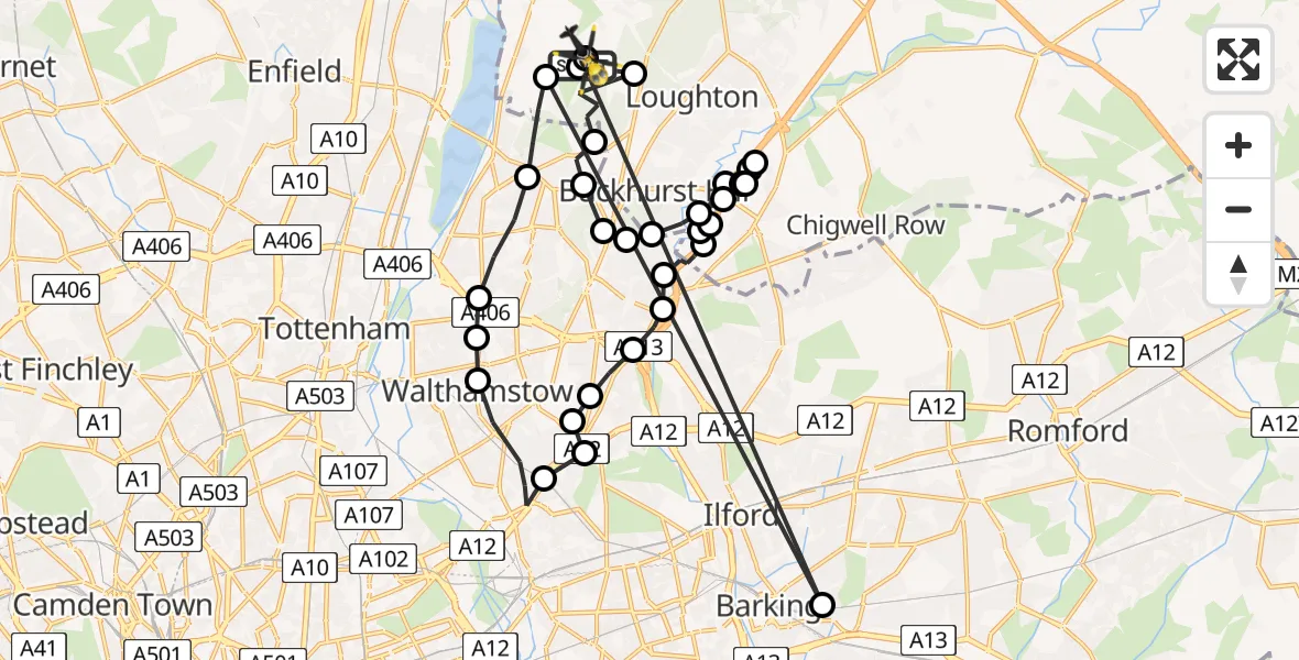 Flight route Police Helicopter Metropolitan Police Air Support Unit Lippitts Hill - Sewardstonebury, 13 July 2026, 02:47
