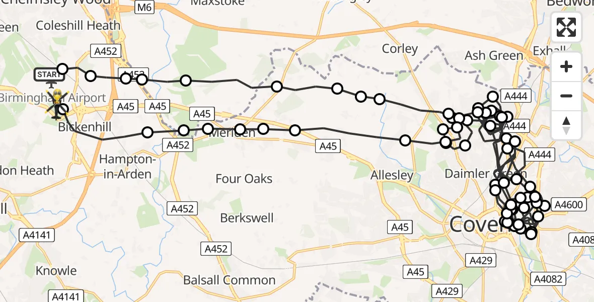 Flight route Police Helicopter Birmingham Airport - Birmingham Airport, 13 July 2026, 03:04