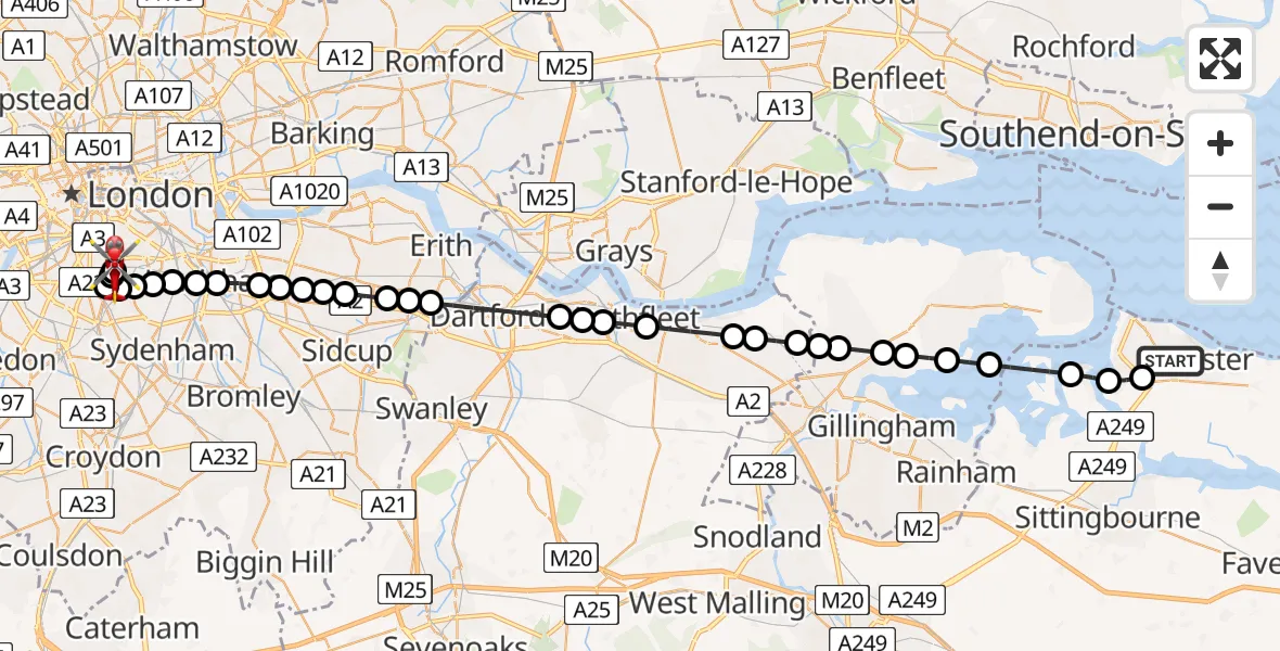 Flight route Air Ambulance Helicopter Halfway - Kings College London Hospital, 13 July 2026, 04:46