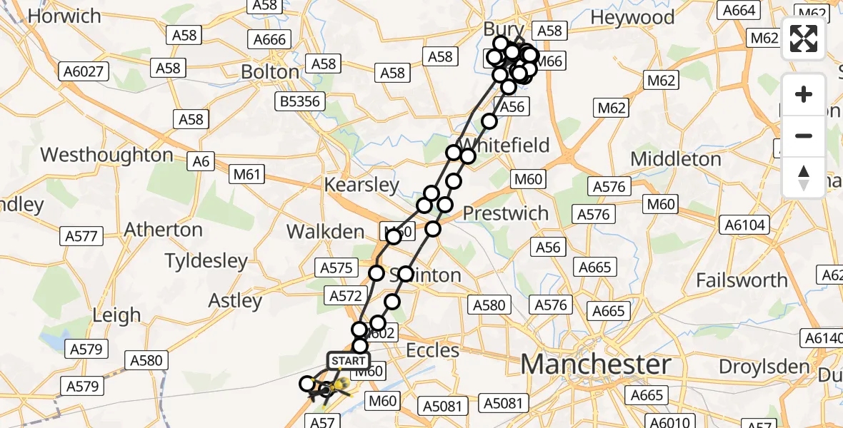 Flight route Police Helicopter Worsley - Manchester Barton Aerodrome, 13 July 2026, 05:20