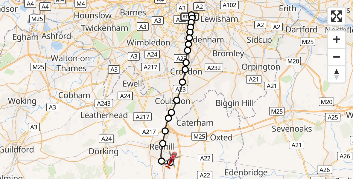 Flight route Air Ambulance Helicopter Kings College London Hospital - Redhill Aerodrome, 13 July 2026, 05:39
