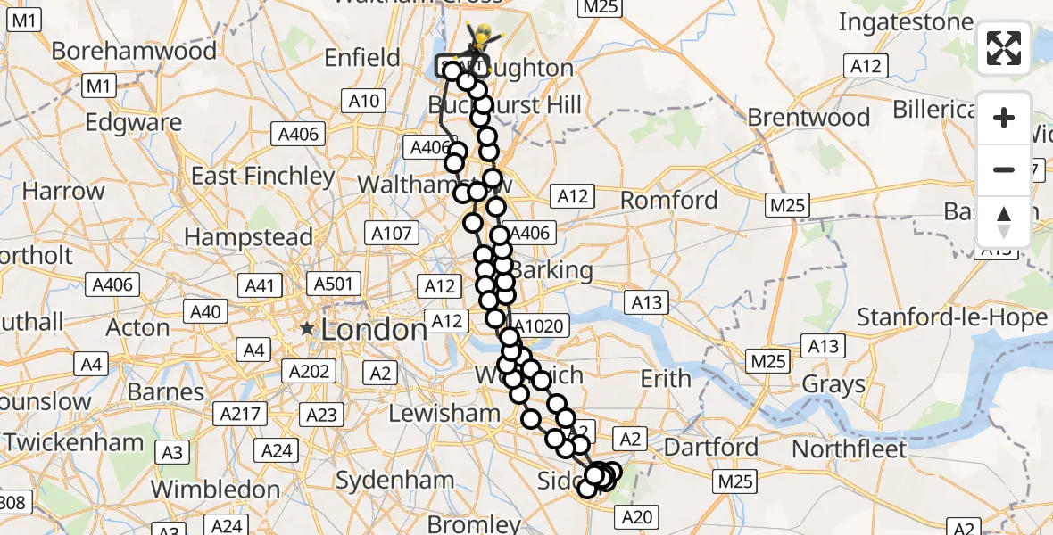 Flight route Police Helicopter Chingford - Sewardstonebury, 13 July 2026, 06:31