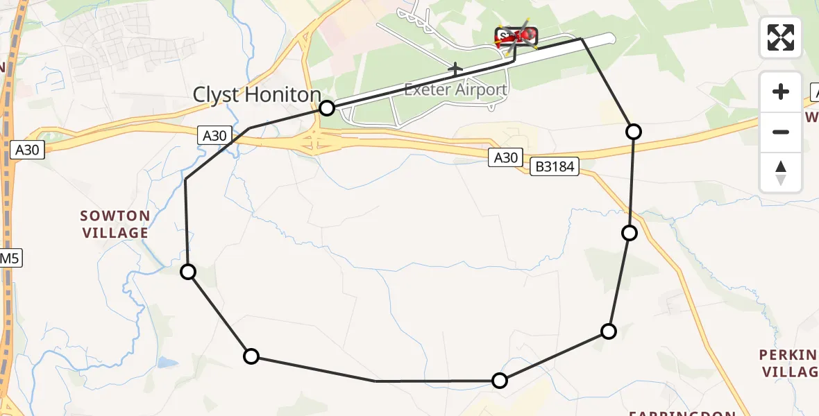 Flight route Air Ambulance Helicopter Exeter International Airport - Exeter International Airport, 13 July 2026, 06:36