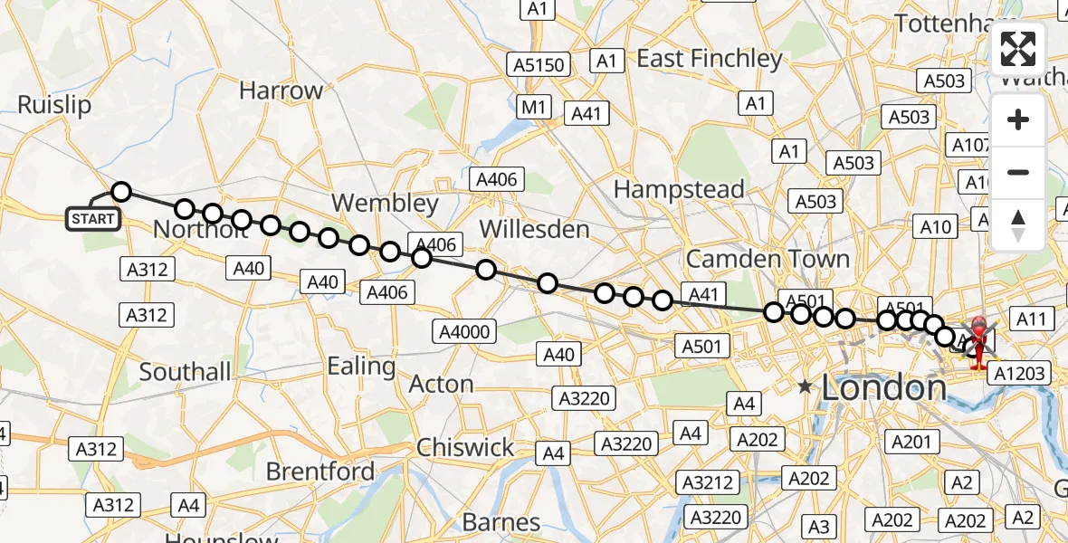 Flight route Air Ambulance Helicopter RAF Northolt - Royal London Hospital, 13 July 2026, 06:43