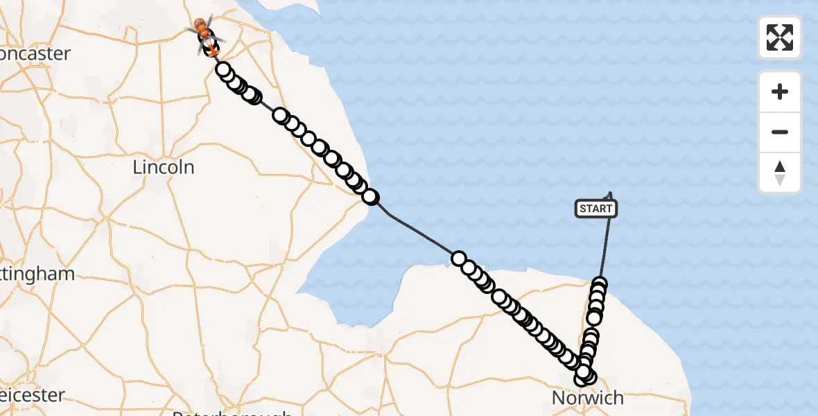 Flight route Coastguard Helicopter North Sea - West Lindsey, 13 July 2026, 07:05