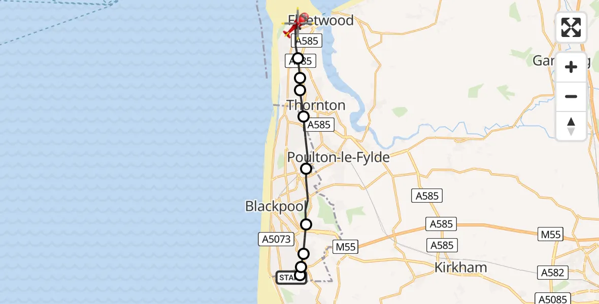 Flight route Air Ambulance Helicopter Blackpool Airport - Fleetwood, 13 July 2026, 07:50