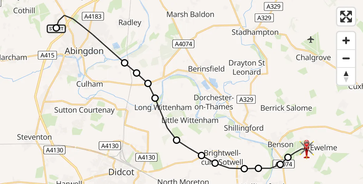 Flight route Air Ambulance Helicopter Shippon - RAF Benson, 13 July 2026, 08:22