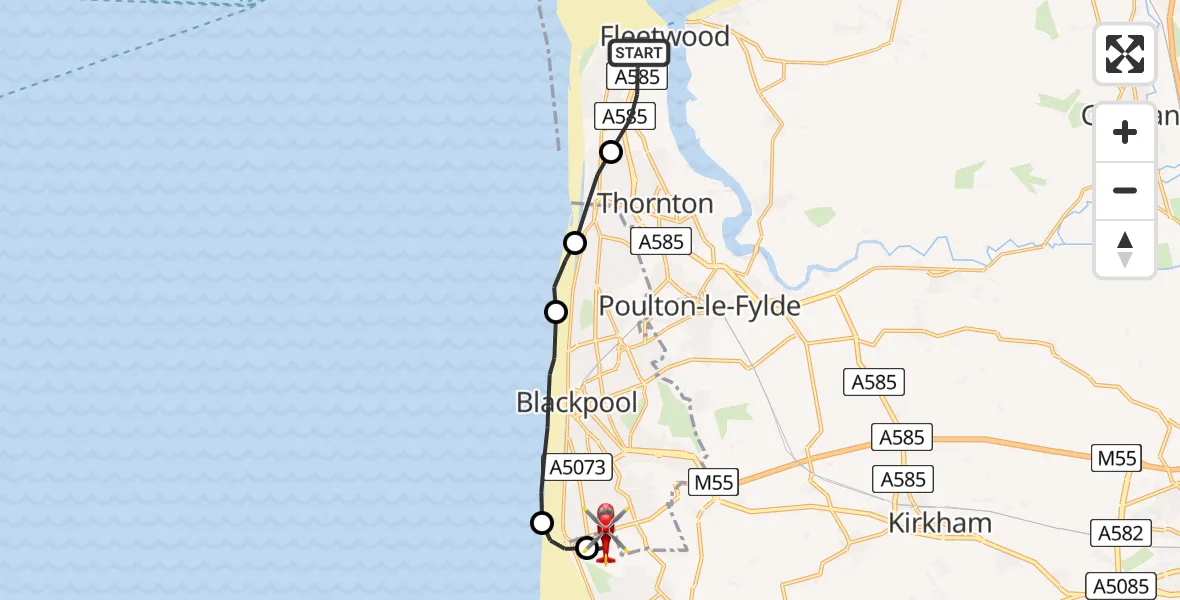 Flight route Air Ambulance Helicopter Fleetwood - Blackpool Airport, 13 July 2026, 08:29