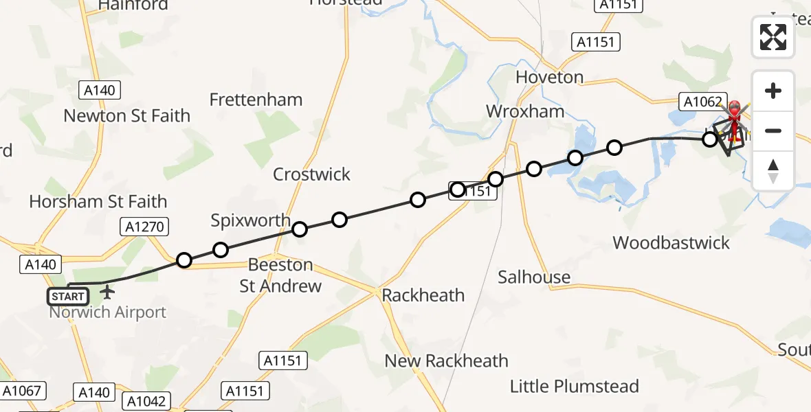 Flight route Air Ambulance Helicopter Norwich Airport - Horning, 13 July 2026, 08:30