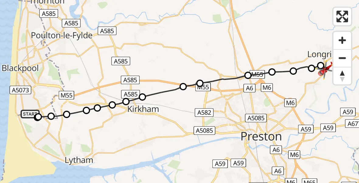 Flight route Air Ambulance Helicopter Blackpool Airport - Longridge, 13 July 2026, 08:38