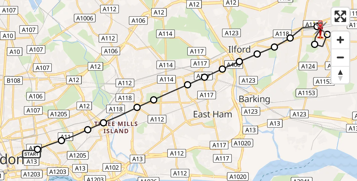 Flight route Air Ambulance Helicopter Royal London Hospital - Becontree, 13 July 2026, 09:03