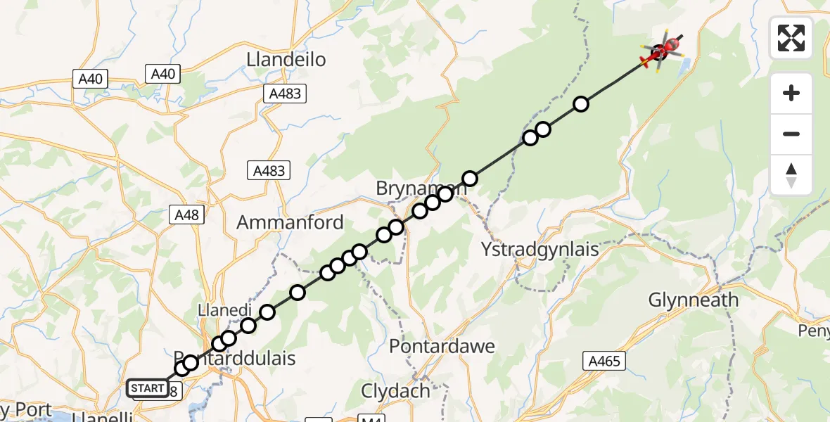 Flight route Air Ambulance Helicopter Dafen - Cray, 13 July 2026, 09:03