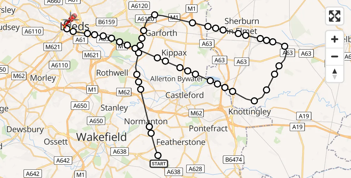 Flight route Air Ambulance Helicopter YAA Nostell Helicopter Port - Woodhouse, 13 July 2026, 09:09