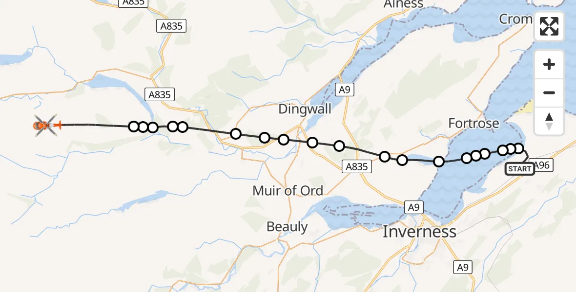 Flight route Coastguard Helicopter Inverness Airport - Highland, 13 July 2026, 09:10