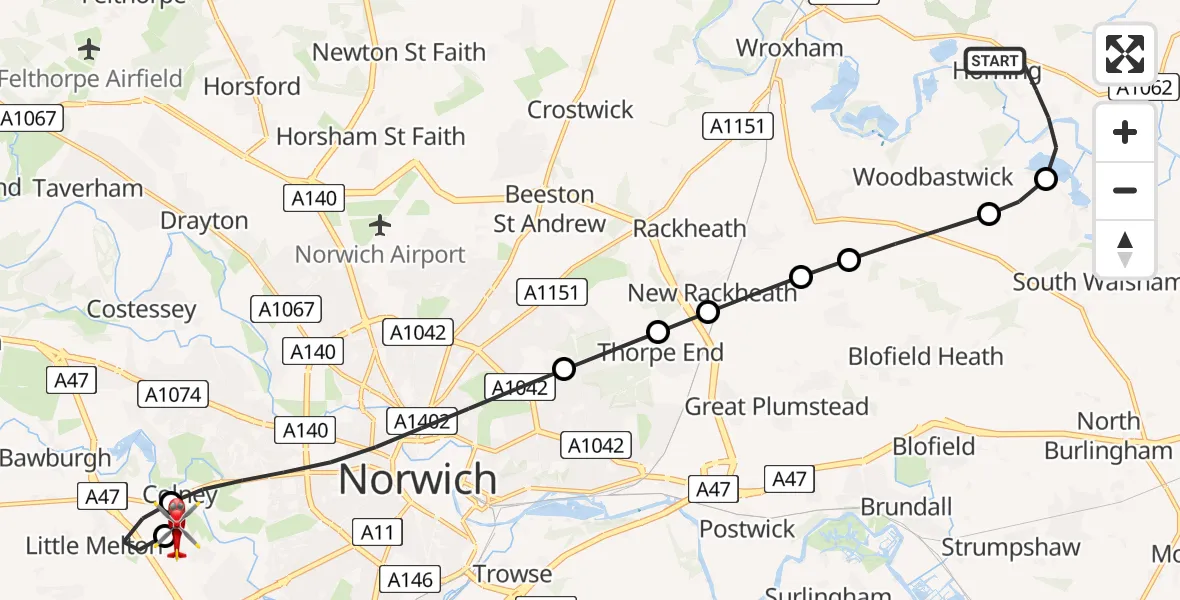 Flight route Air Ambulance Helicopter Horning - Norfolk & Norwich Hospital, 13 July 2026, 09:15