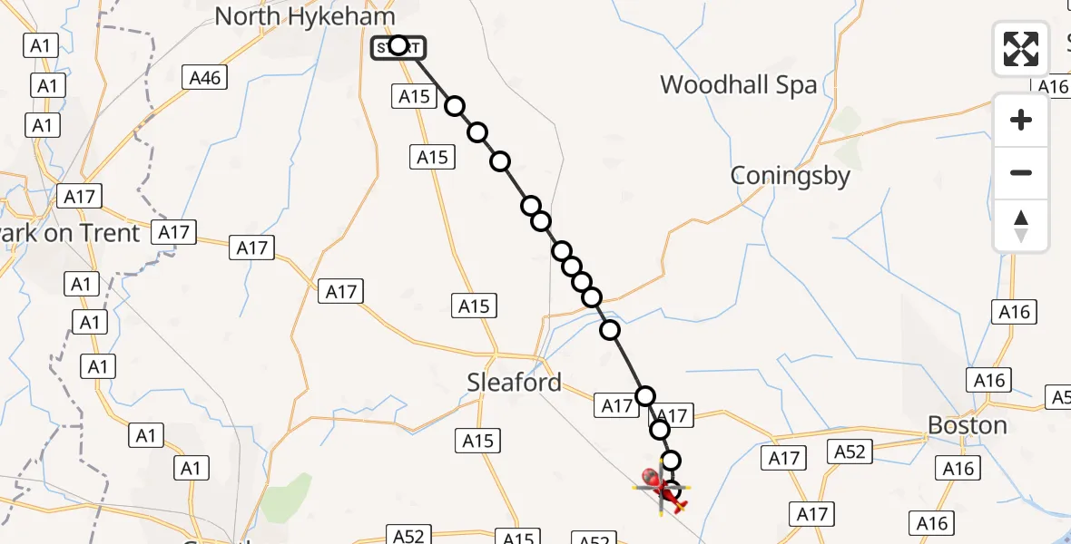 Flight route Air Ambulance Helicopter RAF Waddington - Helpringham, 13 July 2026, 09:32