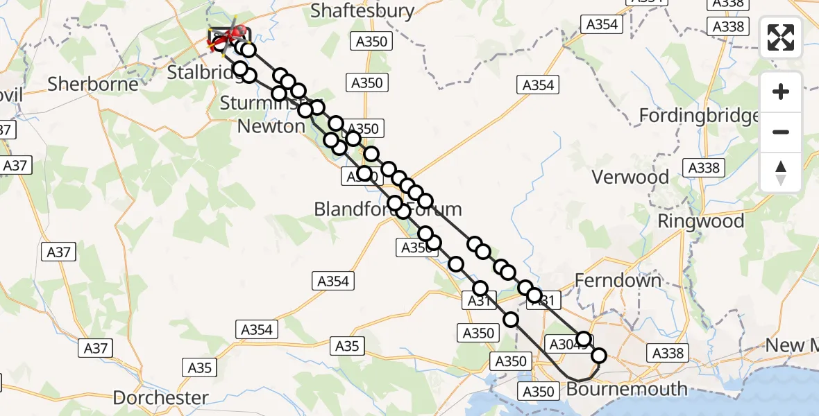Flight route Air Ambulance Helicopter Henstridge Airfield - Henstridge Airfield, 13 July 2026, 09:39