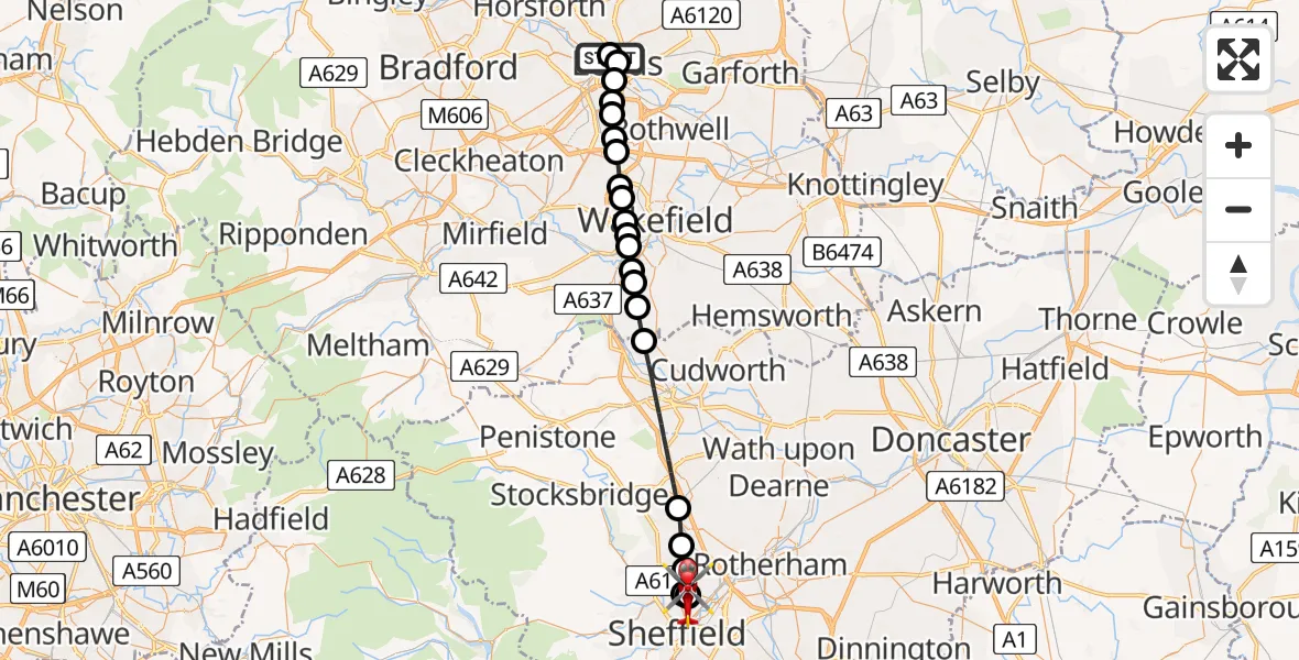 Flight route Air Ambulance Helicopter Woodhouse - Sheffield Northern Hospital, 13 July 2026, 09:49