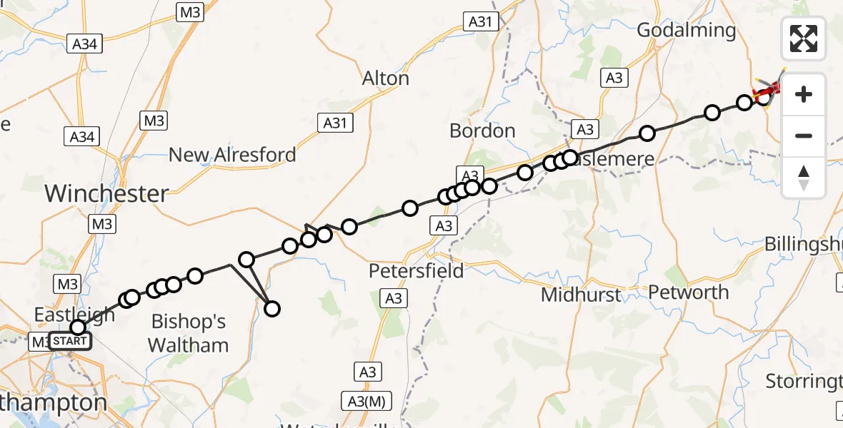 Flight route Air Ambulance Helicopter Southampton Airport - Cranleigh, 13 July 2026, 09:59